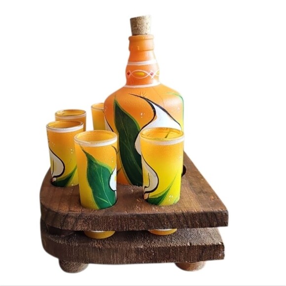 Vintage Grupo Corona Mexican Barware Set Hand-Painted Decanter + 6 Shot Glasses - Picture 5 of 16